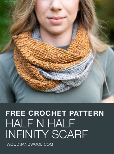 Free Crochet Pattern: Half n Half Infinity Scarf - Woods and Wool Crochet Infinity Scarf Free Pattern, Crochet Blanket Scarf, Infinity Scarf Crochet Pattern, Infinity Scarf Crochet, Crochet Infinity Scarf Pattern, Crochet Scarf Easy, Modern Scarf, Infinity Scarf Pattern, Crochet Cowl Pattern