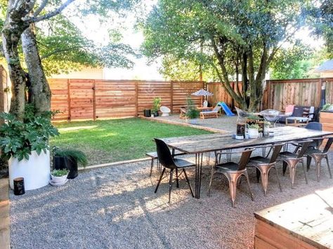 Backyard Dining Area, Stone Backyard, Farmhouse Backyard, Pea Gravel Patio, Backyard Dining, Gravel Landscaping, Gravel Patio, Pea Gravel, Patio Makeover