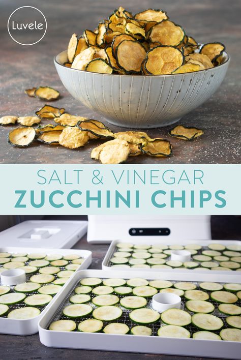 Raw dehydrated salt & vinegar zucchini chips - Luvele US Dehydrated Zucchini Recipes, Dehydrated Food Storage, Dehydrated Food Ideas, Freeze Dried Zucchini Chips, Freeze Dried Veggie Chips, Zucchini Chips Dehydrator, Raw Veggie Snacks, Dehydrated Chips, Dehydrated Food Recipes