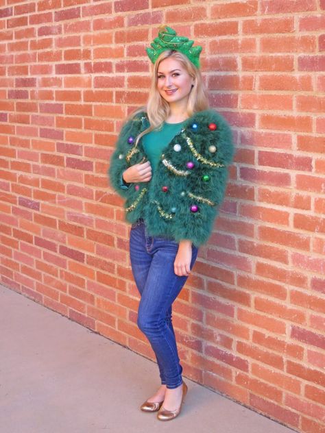 Diy Christmas Sweater, Christmas Sweater Outfits, Ugly Sweater Diy, Diy Ugly Christmas Sweater, Snowman Sweater, Christmas Tree Sweater, Metallic Christmas, Tree Sweater, Green Fur