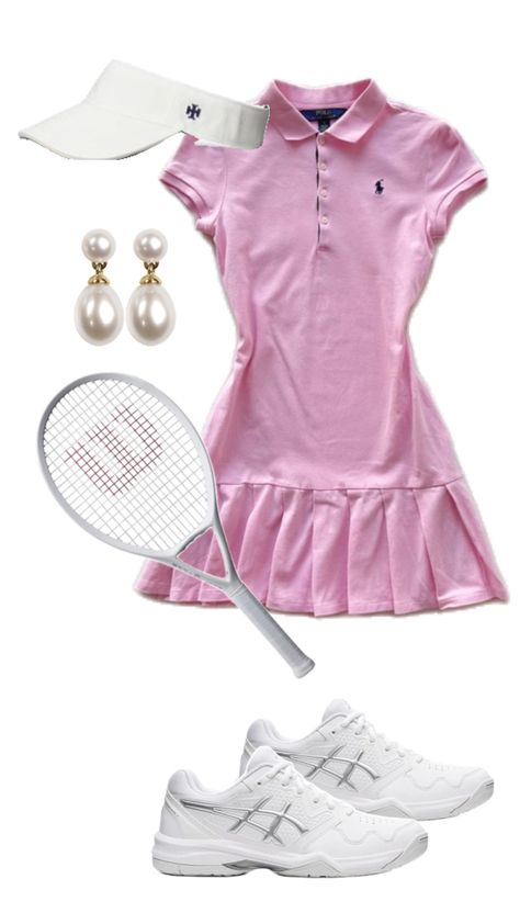 outfit inspo | tennis outfit | tennis dress | polo ralph lauren | pink tennis dress | tennis shoes | chic fashion | inspo | fashion | girly outfits Polo Tennis Outfit, Elegant Tennis Outfit, Ralph Lauren Tennis Aesthetic, Country Club Inspired Outfit, Tennis Outfit Ralph Lauren, Pink Polo Dress, Ralph Lauren Tennis Outfit, Tennis Outfit Women Aesthetic, Tennis Women Outfit