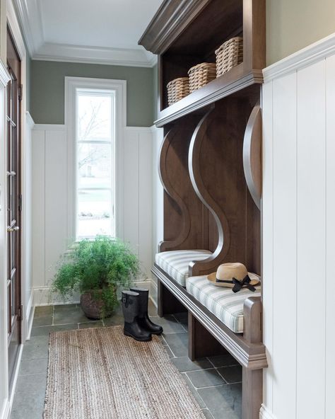 Love a unique window moment in a mudroom 🌿 #mudroom #mudroomdesign #windows #windowdesign #archedwindows #mudroomcabinets #customcarpentry #colorfulmudroom #bluemudroom #stainedglass Mudroom With Transom Window, Bench In Mudroom, Mudroom Cabinets, Transom Window, Window Bench, Unique Window, Mudroom Design, Window Benches, Transom Windows