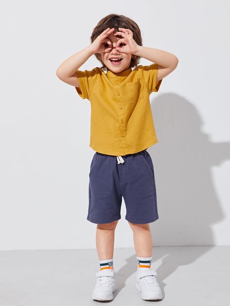 Mustard Yellow Casual  Short Sleeve Cotton Plain Shirt Embellished Slight Stretch Summer Toddler Boys Clothing Kids Clothing Photoshoot, Kids Boy Outfit, Kids Fashion Boy Toddler, Boy Fashion Kids, Toddler Outfits Boy, Kids Boys Fashion, Toddler Boy Shirts, Yellow Shirt Outfit, Boys Summer Clothes