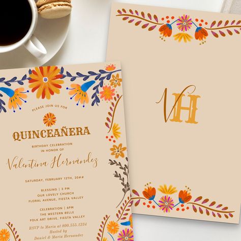 Mexican floral quinceanera and mass / blessing invitation with fiesta folk art flowers in earthy color palette of champagne beige brown blue pink orange and yellow. Distinctive design with western typography and elegant handwritten script. The template is set up to add your monogram on the back and your 15th birthday invite details on the front. Please browse my Mexican Floral collection for matching items. Hacienda Invitations, October Quinceanera Themes, Western Typography, Mexican Party Invitation, Mexican Invitations, Mexican Quinceanera, Quince Invitations, Floral Birthday Invitations, Quinceanera Invitation