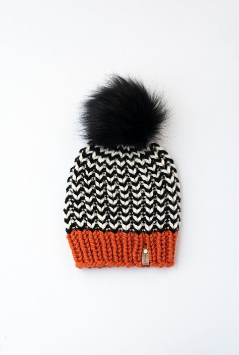 "**MADE TO ORDER** Current turnaround time will be 1-2 weeks (not including shipping time), confirmed by me after checkout. Show your team spirit with this striped hat. Inspired by my hometown colors for White Bear Lake, MN, this hand-knit hat will keep your head warm, and your heart warm too. $5 from each hat purchase will be donated to the White Bear Lake Emergency Food Shelf.  -Materials- - Style features two yarn options:  --- Wool/Acrylic Option: Yarn is 80% acrylic, 20% wool.  --- Merino L Knitting Machine Projects, Circular Knitting Machine, Crochet Knit Hat, White Bear, Hand Knit Hat, Faux Fur Fabric, Faux Fur Pom Pom, Hat Ideas, Circular Knitting