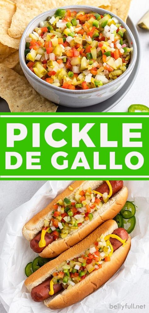 Pico de Gallo gets a fun twist with dill pickles in this Pickle de Gallo! Enjoy as a dip with chips, or relish for hot dogs and grilled chicken. Pickle Relish Recipe, Salsa Guacamole, Relish Recipes, Dill Pickles, Hot Dog Recipes, Pickling Recipes, So Fresh, Appetizer Dips, Tortilla Chips