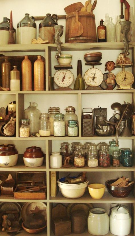 Vintage pantry with everything you could need #naturalcurtaincompany Deco Champetre, Butter Molds, Primitive Homes, Primitive Kitchen, Antique Kitchen, Canning Jars, Country Home Decor, Vintage Country, Kitchen Pantry