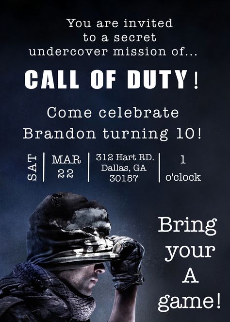 The Invitation was created for a Call of Duty Birthday Party! Call Of Duty Party Invitations, Call Of Duty Birthday Invitations, Call Of Duty Birthday Party Games, Call Of Duty Birthday Party Invitations, Call Of Duty Birthday Theme, Call Of Duty Birthday Party Decorations, Call Of Duty Birthday Party Ideas, Call Of Duty Birthday Party, Army Birthday Parties