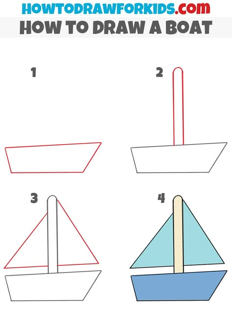 How to draw a boat step by step Draw Boat, Cartoon Boat, Directed Drawing Kindergarten, Sailboat Drawing, Easy Boat, Kids Boat, Boat Cartoon, Toddler Drawing, Draw Tutorial