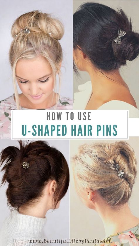 How to use U-shaped hair pins for perfect styling every time! U-pins are a beautiful alternative to bobby pins, that are comfortable and much simpler to use. Click to learn how to use u-pins in a bun, top knot bun, and French twist, step-by-step! | hair pins hairstyles | hair pin tutorial Hair Pins Hairstyles, Top Knot Bun, Wavy Hairstyle, Knot Bun, U Shaped Hair, Blonde Hair Looks, Work Hairstyles, Fancy Hairstyles, French Twist