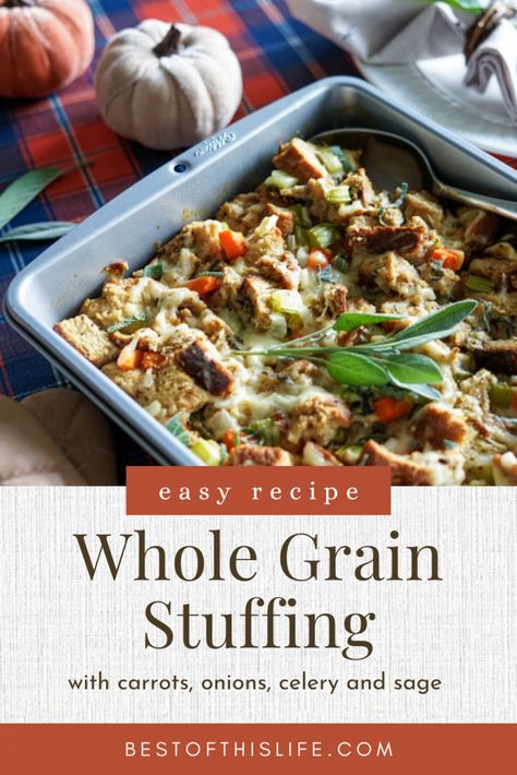 Whole grain stuffing recipe in baking dish on a Thanksgiving decorated table Whole Grain Stuffing Recipe, Classic Sage Stuffing, Sage Stuffing Traditional, Gluten Free Sausage Stuffing Thanksgiving, Roy’s Sausage Sage Stuffing, Thanksgiving Essentials, Bread Stuffing, Classic Thanksgiving, Homemade Stuffing