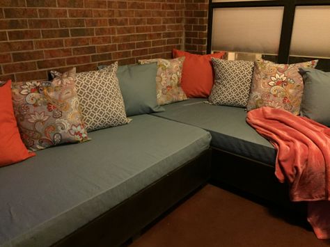 Pinterest win! Our DIY patio sectional: twin sized memory foam mattresses & euro pillows covered in outdoor fabric, and DIY twin platform bed frames. Twin Xl Bed Into Couch, Diy Twin Mattress Sectional, Twin Mattress Sectional, Twin Bed Sectional Diy, Twin Mattress Couch Diy Patio, Twin Mattress Outdoor Couch Diy, Tiny House Couch, Pallet Couch With Twin Mattress, Twin Bed Couch