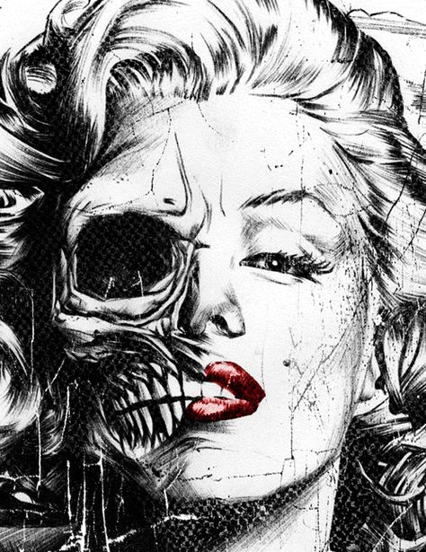 Two of my favorite things - zombies and Marilyn Monroe. I love vintage, classic beauty and femininity, but I also love zombies and things that are more "edgy." The juxtaposition of the two show that your style and taste do not have to be limited. Half Skull Face, Half Skull, Marilyn Monroe Art, Skull Face, A Skull, Skull Tattoos, Skull Art, Portrait Drawing, The Words