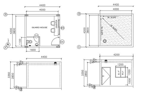 Guard House plan AutoCAD File; 2d cad drawing of security guardhouse layout plan include bathroom with counter window with dimension detail in AutoCAD format, download free AutoCAD file. Guard House Design, Security Guard House, Counter Window, Toilet Plan, Hospital Design Architecture, Security Room, Autocad Tutorial, Lodge Design, Guard House