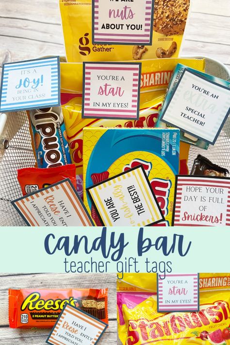 candy bar teacher gift tags- free printables- Perfect for thinking of you treats throughout the year or during teacher appreciation week. Teacher Candy Gifts, Free Teacher Appreciation Printables, Candy Bar Gifts, Candle Wraps, Teachers Appreciation Week Gifts, Appreciation Gifts Diy, Candy Quotes, Survival Kit For Teachers, Teacher Survival