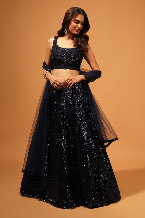 Sequin Lehenga Blouse, Navy Blue Sequin Lehenga, Blue Crop Top Lehenga, Blue Sequin Lehenga, Black Sequin Lehenga, Lehenga Blue, Sangeet Function, Black Sequin Blouse, Navy Blue Lehenga