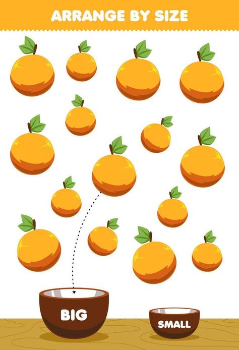 Education game for children arrange by size big or small put it in the bowl cartoon fruit orange pictures Orange Pictures, Vector Nature, Cartoon Fruit, Fruit Orange, Game For Children, Orange Fruit, Math For Kids, Teacher Ideas, Nature Design