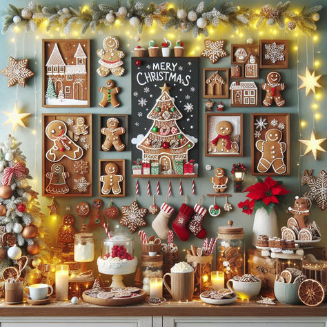 Gingerbread Christmas Display, Christmas Gingerbread Aesthetic, Gingerbread Christmas Theme, Christmas Wall Display, Gingerbread Themed Christmas, Cocoa Bar Christmas, Dinner Display, Gingerbread Display, Hot Cocoa Bar Christmas