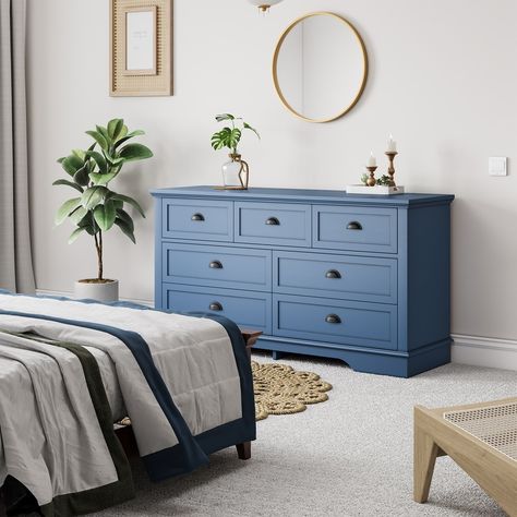 Moasis 7 Drawer Mid Century Modern 57.8" W Double Dresser - On Sale - Bed Bath & Beyond - 38211354 Navy Furniture Bedroom, Blue Dresser Bedroom, Navy Blue Dresser, Dresser Diy, Condo Bedroom, Blue Dresser, Dresser Bed, Dining Cabinet, Diy Dresser