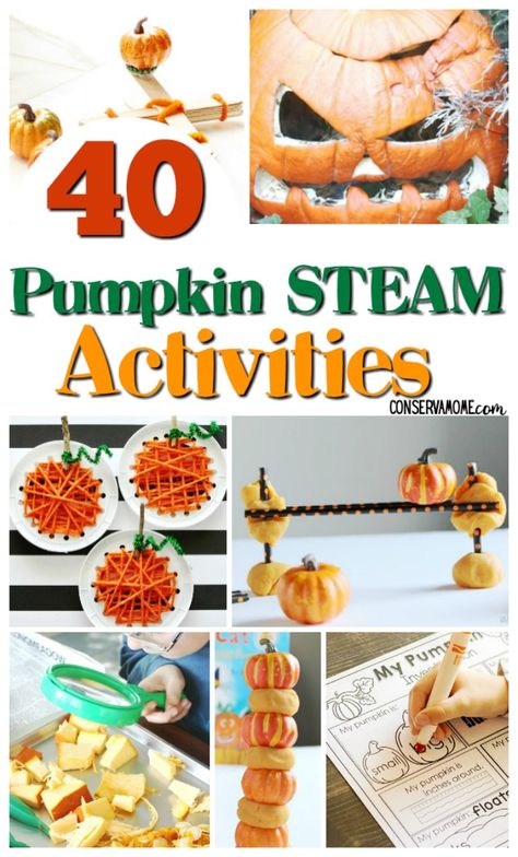 STEAM has become all the craze. Check out 40 Pumpkin STEAM activities to help your little one bridge Fall themes with some fun learning. This round up of Fall themed STEAM learning will be a huge hit in your home or classroom.  #STEAM #FallLearningactivities #FallSTEAM Fall Steam Activities Elementary, Pumpkin Stem Activities, Pumpkin Science Experiment, Pumpkin Activities Preschool, Steam Activities For Kids, Pumpkin Math Activities, Halloween Science Activities, Preschool Steam, Pumpkin Lessons