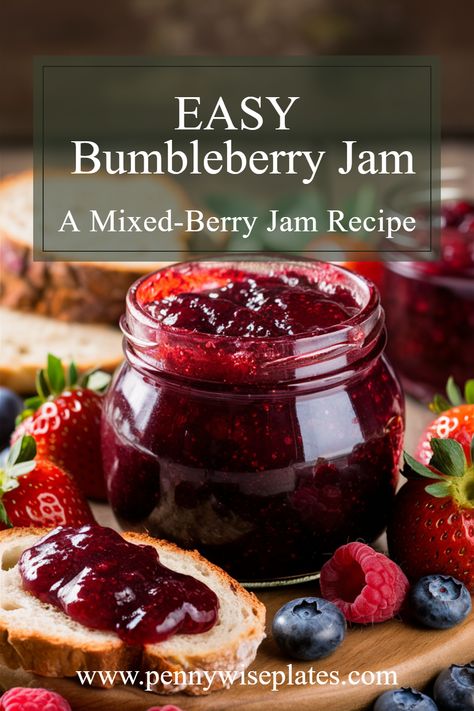 A jar of bumbleberry jam alongside fresh berries used to make the jam, with overlay text that reads "easy bumbleberry jam," highlighting a delicious homemade jam and mixed berry jam recipe. Bumbleberry Jam, Mixed Fruit Jam Recipe, Canning Preserves, Fruit Jelly Recipe, Berry Jam Recipe, Fruit Jam Recipes, Mix Berry, Jam Canning, Mixed Berry Jam