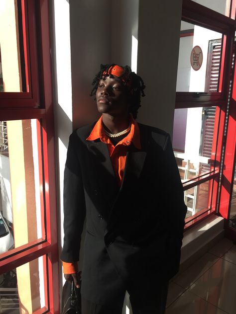 Black And Orange Prom Suit, Orange Prom Suit, Mens Club Outfit Night, Mens Club Outfit, Black Prom Suits, Club Outfit Night, Silk Shirt Outfit, Party Outfit Men, Prom Suits For Men