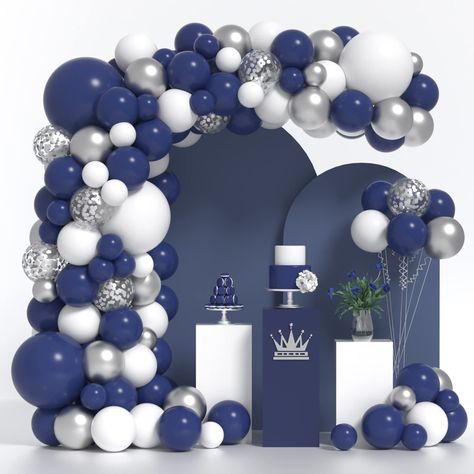 Navy Blue Balloon Garland, Gold Theme Party Decorations, Blue Silver Balloons, Blue Graduation Party, Silver Party Decorations, White Party Decorations, Blue Party Decorations, Balloons Arch, Silver Confetti