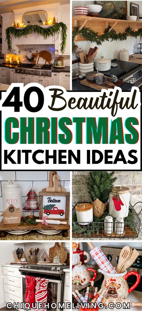 Bring the holiday cheer to the heart of your home with these Christmas Kitchen Decor Ideas! From festive wreaths on cabinets to miniature Christmas trees on countertops, and holiday-themed dish towels and mugs, these ideas will instantly warm up your kitchen for the season. Consider adding garlands and fairy lights along shelves or creating a cozy hot cocoa station for a charming holiday touch. Christmas Decor Ideas On Top Of Cabinets, Christmas Decorations Kitchen Window, Christmas Decor For Countertops, Christmas Kitchen Tree, Top Of Kitchen Cabinet Christmas Decor Ideas Modern, Christmas Kitchen Sink Decor, Christmas Decor On Top Of Fridge, Christmas Small Kitchen Decor, Decorate Buffet For Christmas