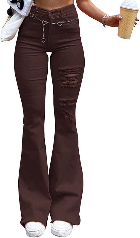 Women's Flared Bell Bottom Elastic Waist Skinny Straight Fit Raw Hem Denim Jeans Style Flare Jeans, High Waisted Baggy Jeans, Bell Bottoms Outfit, Flair Pants, Brown Flares, Flair Jeans, Jeans Brown, Cute Pants, Flare Leg Pants