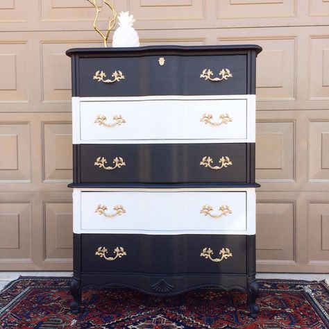 Black and white striped French provincial dresser / tallboy by Chelsea Reilly Design Striped Dresser Drawers, Black And White Refurbished Dresser, Black And White Dresser Diy, Striped Dresser, Black And White Dresser, Bedroom Black And White, White Dresser Bedroom, Dresser Decor Bedroom, Black And White Furniture