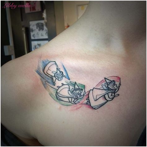 Flora Fauna Merryweather Tattoo, Disney Collar Bone Tattoo, Sleeping Beauty Tattoo, Flora Fauna And Merryweather, Mickey Tattoo, Disney Sleeve Tattoos, Sleeping Beauty Fairies, Tattoo Tiny, Disney Sleeve