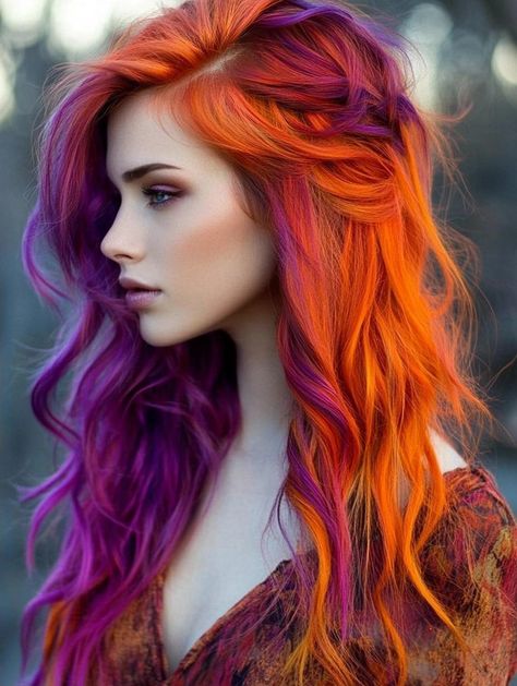 Top Hair Color Ideas for Autumn: Embrace the Season with Warm and Rich Tones Dark Hair With Vivid Color, Dark Red And Orange Hair, Red Head Hair Color Ideas, Hair Color Ideas Two Tone, Ginger And Purple Hair, Sunset Ombre Hair, Creative Hair Color Short, Fox Color Hair, Fun Fall Hair Colors