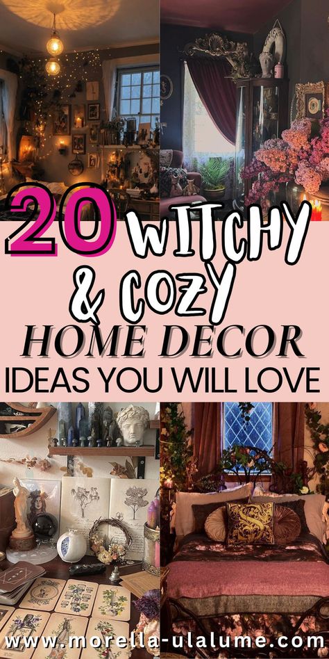 Transform your space with enchanting witchy home decor ideas! 🌙✨ Whether you're into dark boho, earthy vibes, or a whimsical witch cottage aesthetic, explore DIY ideas to make your living room, kitchen, or entire home feel cozy and magical. From subtle, modern touches to moody, vintage-inspired decor, these ideas will help you create the perfect witchy room. Click now for aesthetic inspiration, accessories, and simple DIY projects! Witch Cottage Aesthetic, Witch Living Room, Witch Cottage Interior, Witchy Aesthetic Decor, Witchy Home Aesthetic, Witchy Living Room, Kitchen Witch Decor, Witchy Bedroom Ideas, Cozy Home Decor Ideas