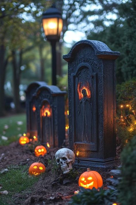 "Create a chilling atmosphere with DIY Tombstones and Graveyard Scenes! 🪦👻 Perfect for making your yard the creepiest on the block. 🌟✨ #HauntedGraveyard #HalloweenDIY #SpookyDecor" Graveyard Diy Decorations, Southern Gothic Graveyard, Haunted Cemetery Halloween, Diy Halloween Tombstones Front Yards, Pet Sematary Halloween Decorations, Outdoor Halloween Graveyard Ideas, Grave Yard Decorations, Halloween Yard Diy, Halloween Cemetery Ideas Front Yards