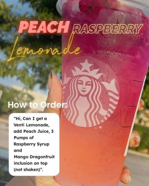 Starbucks Copycat Recipes Drinks, Starbucks Drink Menu, Starbucks Secret Menu Recipes, Fun Drink Recipe, Cold Starbucks Drinks, Peach Raspberry, Starbucks Order, Starbucks Drinks Diy, Drinks To Try