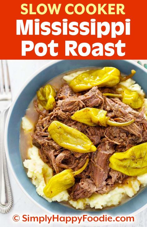 Crock Pot Mississippi Pot Roast is full of flavor! The MOST delicious pot roast ever! This slow cooker Mississippi Pot Roast is an easy dump and start pot roast recipe, and the whole family loves it! simplyhappyfoodie.com #crockpotmississippiroast #slowcookermississippiroast Crock Pot Mississippi Pot Roast, Slow Cooker Mississippi Roast, Slow Cooker Mississippi Pot Roast, Delicious Pot Roast, Cafe Recipes, Mississippi Pot, Winter Foods, Mississippi Roast, Pot Roast Recipe