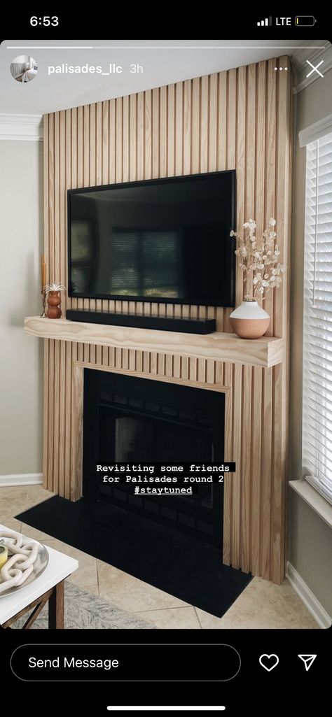 Slat Wall Living Room Fireplace, Fluted Room Divider, Tv Mantel No Fireplace, Vertical Wood Fireplace Wall, Polewrap Fireplace, Wood Slats Around Fireplace, Diy Wood Slat Fireplace Wall, Wall Slat Fireplace, Accent Wall Fireplace Living Room Wood