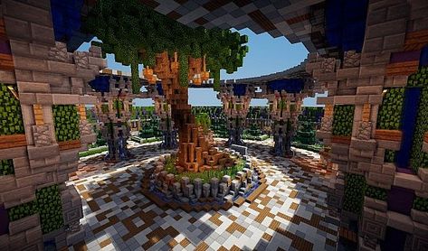 Spawn Base Minecraft, Spawn Point Builds Minecraft, Spawn Designs Minecraft, Minecraft Hub Design, Minecraft Spawn Build Ideas, Minecraft Spawn Area Ideas, Minecraft Hub Spawn, Minecraft World Spawn Ideas, Minecraft Realm Spawn Ideas