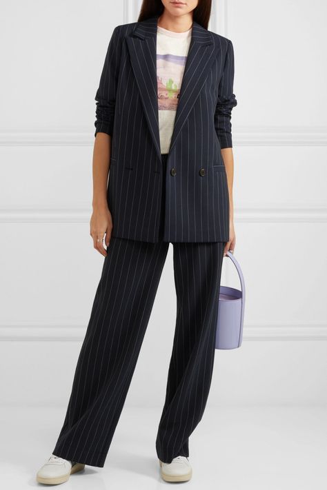 Pinstripe Suit Women, Ganni T Shirt, Blue Pinstripe Suit, Oversized Suit, Week Inspiration, Veja Sneakers, Wool Overcoat, Pinstripe Suit, Leather Trench Coat