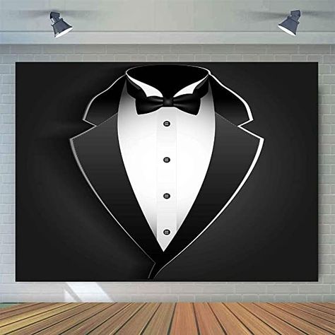 Backdrop Ideas For Men, Tuxedo Backdrop Diy, Tuxedo Party Decorations, Tuxedo Theme Birthday Party, Luxury Birthday Dinner, Bow Tie Party Theme For Men, Tuxedo Backdrop, Black Single-button Tuxedo For Party, Black-tie Tuxedo With Single Breasted Design