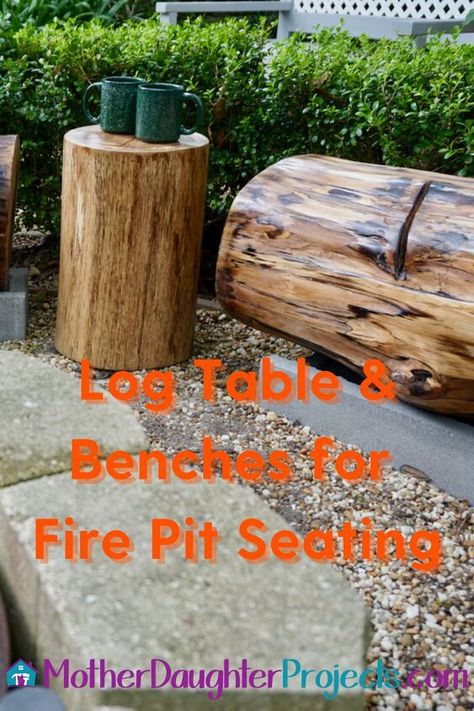 Check out this fun outdoor tree stump bench idea. Upgrade your outdoor fire pits experience with a wooden and concrete bench and table. This fun seat idea is a great way to get outside and enjoy your fire pit. #diy #logbench #firepit Diy Stump Stool, Campfire Seating, Tree Stump Bench, Stump Bench, Stump Fire Pit, Fire Pit Bench, Bench And Table, Outdoor Fire Pit Area, Log Bench