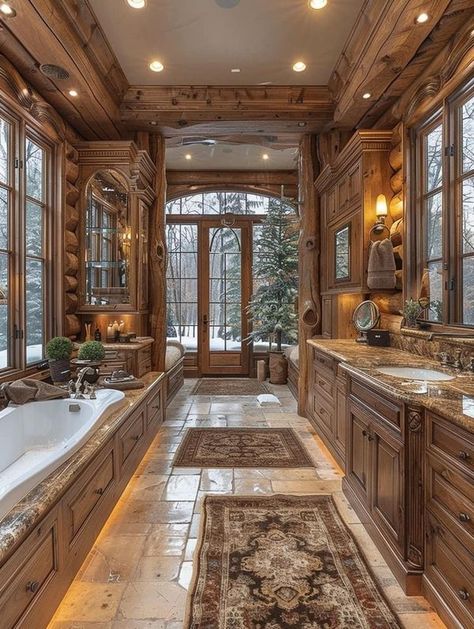 Cabin House Bathroom, Log Homes Bathroom, Log Bathroom Ideas, Western Home Bathroom, Mountain Cabin Bathroom Ideas, Mountain Modern Home Interiors Bathroom, Western Barndominium, Lodge Style Bathroom, Log Cabin Farmhouse