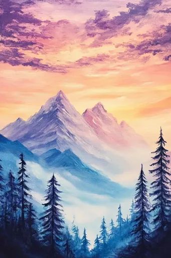 ↑↑↑ Larger size on website 🔸 A painting depicting a mountain range under a vibrant sunset sky. The sky is a mixture of purple, pi 🔸 From Midjourney AI Image Mountain Sunset Painting, Purple Mountain Majesty, Painting 101, Fluffy Clouds, Mountain River, Mountain Sunset, Evergreen Trees, Mountain Paintings, Sunset Painting