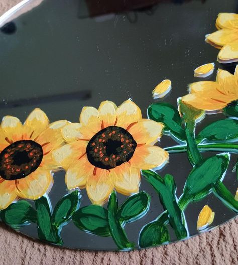 You’re the sunflower!🌻 #sunflower #mirror #mirrorpainting #acrylicpainting Floral Mirror Painting, Mirror Painting Sunflower, Flowers Painted On Mirror, Sunflower Record Painting, Sunflower Polaroid Painting, Mirror Painting, Sunflower, Acrylic Painting, Mirror