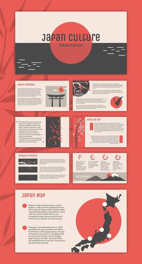 This elegant theme features a modern take on traditional Japanese design elements, including delicate floral patterns, minimalist illustrations, and muted color palettes. Perfect for presentations on Japanese culture, history, or Theme For Presentation, Japan Graphic Design, Presentation Slides Design, Elegant Theme, Powerpoint Slide Designs, Presentation Design Layout, Slides Design, Japanese Colors, Google Slides Theme