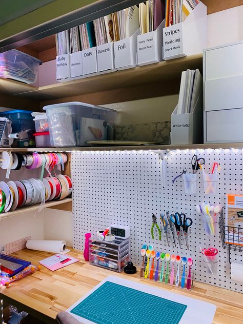 Turn Closet Into Storage Space, Closet Turned Craft Space, Craft Area In Closet, Craft Room Closet With Sliding Doors, Closet To Craft Space, Small Craft Closet, Craft And Game Closet Organization, Peg Board Gift Wrapping Station, Closet Craft Space