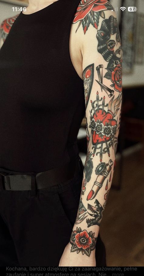 Traditional Tattoo Mixed With Modern, Black White And Red Tattoo Sleeve, Rose Cuff Tattoo, Female American Traditional Sleeve, American Traditional Flame Tattoo, Tattoo Sleeve Women Traditional, Black Tattoo With Red Accents, Black And Red Neo Traditional Tattoo, Arm Tattoos For Women Traditional