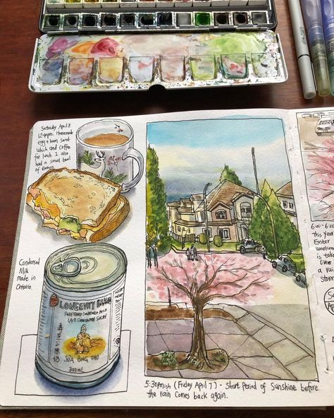 Becky Cao Watercolors and Teaching | A page spread of art journals from this weekend. It’s been raining since Friday and it’s too wet to go out. Home life is always fun to… | Instagram Og Aesthetic, Creative Travel Journal, Best Travel Journals, Mini Building, Travel Art Journal, Outside My Window, Travel Sketchbook, Sketch Journal, Japanese Drawings