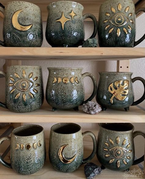 Goth Pottery, Witchy Mugs, Witch Mugs, Pottery Lessons, Witchy Gifts, Celestial Art, Mug Art, Ceramics Pottery Art, Ceramics Ideas Pottery