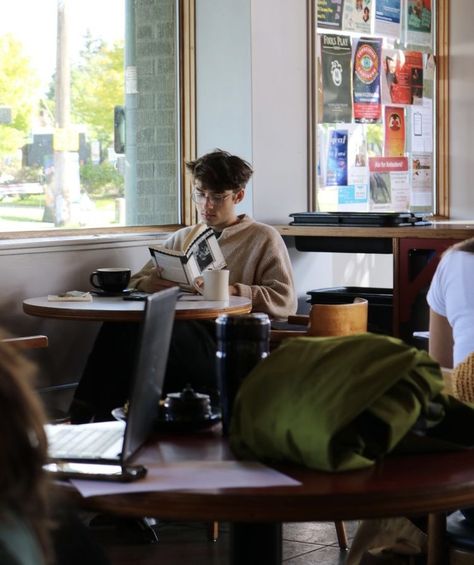 Guy In Cafe Aesthetic, Boy With Book Aesthetic, Reading Man Aesthetic, People In Cafe Aesthetic, Cafe People Photography, Cafe Boy Aesthetic, People Reading Books Photography, Guys Reading Books Aesthetic, Men Reading Aesthetic